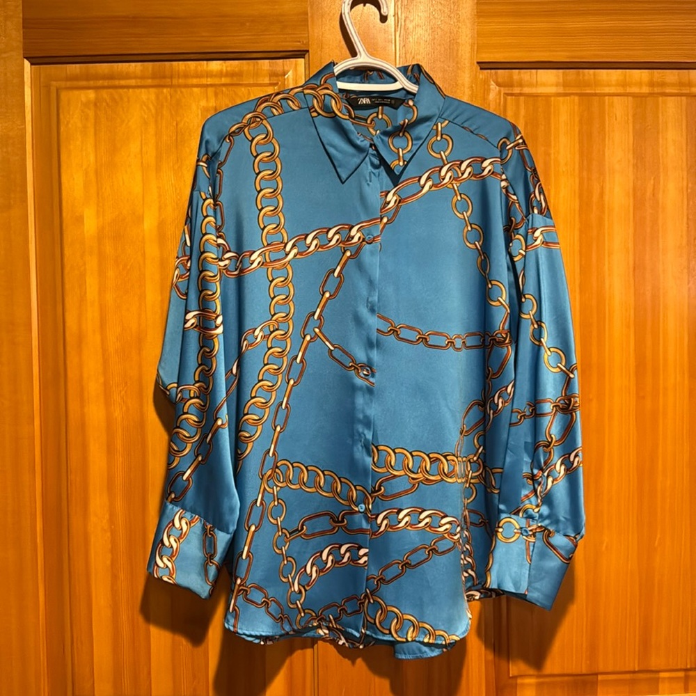 Zara blue satin chain blouse